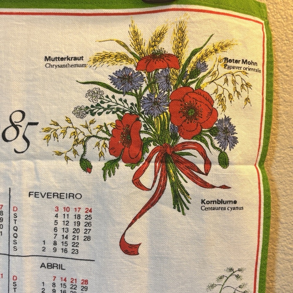 1985 Vintage Portuguese Linen Cloth Calendar Tea Towel Wall Hanging Flowers Rare - Picture 4 of 15